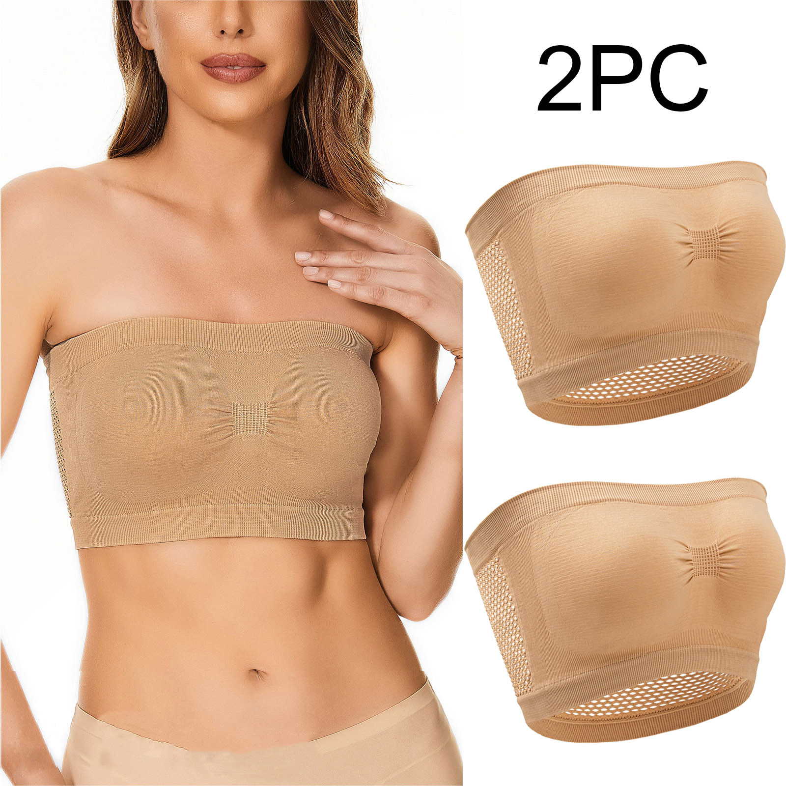 Strapless Bandeau Bra Women Pack of 2 Strapless Stretchy Mesh No Wire Push up Seamless Bralettes Padded Corset Full Coverage Cute Lingerie Nude L